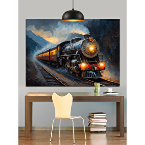 Raylarda İlerleyen Buharlı Tren Dekoratif Kanvas - Mdf Ahşap Tablo 70x100 cm
