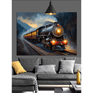 Raylarda İlerleyen Buharlı Tren Dekoratif Kanvas - Mdf Ahşap Tablo
