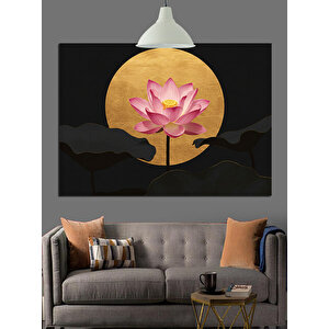 Altın Yuvarlak Fon Lotus Çiçeği Dekoratif Kanvas - Mdf Ahşap Tablo 35x50 cm