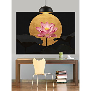 Altın Yuvarlak Fon Lotus Çiçeği Dekoratif Kanvas - Mdf Ahşap Tablo 35x50 cm