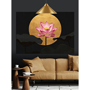 Altın Yuvarlak Fon Lotus Çiçeği Dekoratif Kanvas - Mdf Ahşap Tablo