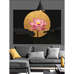 Altın Yuvarlak Fon Lotus Çiçeği Dekoratif Kanvas - Mdf Ahşap Tablo