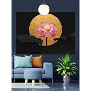 Altın Yuvarlak Fon Lotus Çiçeği Dekoratif Kanvas - Mdf Ahşap Tablo 25x35 cm