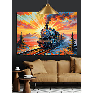 Dağlar Önünde Buharlı Tren Dekoratif Kanvas - Mdf Ahşap Tablo