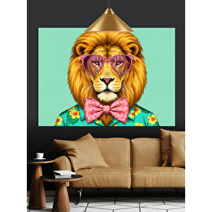 Gözlüklü Renkli Aslan Portresi Dekoratif Kanvas - Mdf Ahşap Tablo