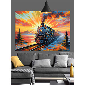 Dağlar Önünde Buharlı Tren Dekoratif Kanvas - Mdf Ahşap Tablo 70x100 cm