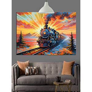 Dağlar Önünde Buharlı Tren Dekoratif Kanvas - Mdf Ahşap Tablo 70x100 cm