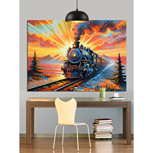 Dağlar Önünde Buharlı Tren Dekoratif Kanvas - Mdf Ahşap Tablo 70x100 cm