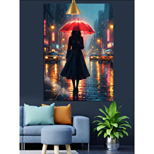 Kırmızı Şemsiyeli Kadın Sokakta Dekoratif Kanvas - Mdf Ahşap Tablo