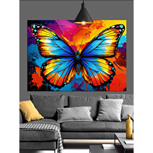 Turuncu Fonlu Mavi Kelebek Dekoratif Kanvas - Mdf Ahşap Tablo 70x100 cm