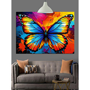Turuncu Fonlu Mavi Kelebek Dekoratif Kanvas - Mdf Ahşap Tablo 70x100 cm