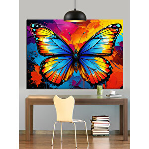 Turuncu Fonlu Mavi Kelebek Dekoratif Kanvas - Mdf Ahşap Tablo