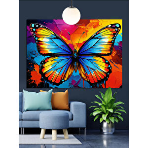 Turuncu Fonlu Mavi Kelebek Dekoratif Kanvas - Mdf Ahşap Tablo