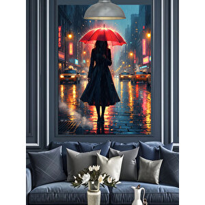 Kırmızı Şemsiyeli Kadın Sokakta Dekoratif Kanvas - Mdf Ahşap Tablo 25x35 cm