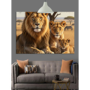 Afrika Savanında Aslan Ailesi Dekoratif Kanvas - Mdf Ahşap Tablo