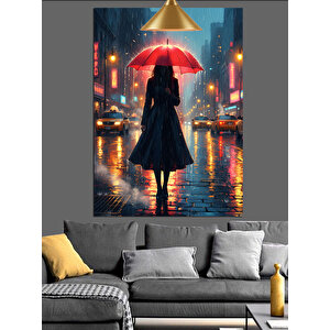 Kırmızı Şemsiyeli Kadın Sokakta Dekoratif Kanvas - Mdf Ahşap Tablo 70x100 cm