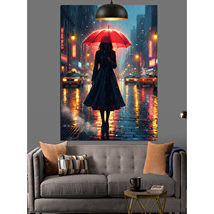 Kırmızı Şemsiyeli Kadın Sokakta Dekoratif Kanvas - Mdf Ahşap Tablo 70x100 cm