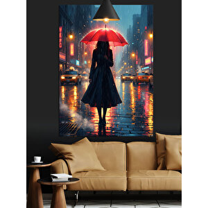 Kırmızı Şemsiyeli Kadın Sokakta Dekoratif Kanvas - Mdf Ahşap Tablo