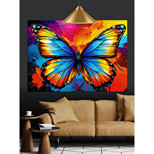Turuncu Fonlu Mavi Kelebek Dekoratif Kanvas - Mdf Ahşap Tablo 35x50 cm