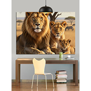 Afrika Savanında Aslan Ailesi Dekoratif Kanvas - Mdf Ahşap Tablo 70x100 cm