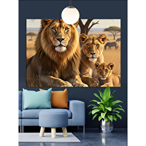 Afrika Savanında Aslan Ailesi Dekoratif Kanvas - Mdf Ahşap Tablo 70x100 cm