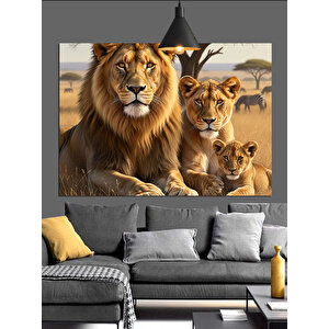 Afrika Savanında Aslan Ailesi Dekoratif Kanvas - Mdf Ahşap Tablo