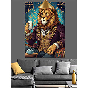 Takım Elbiseli Rakı İçen Aslan Dekoratif Kanvas - Mdf Ahşap Tablo 50x70 cm