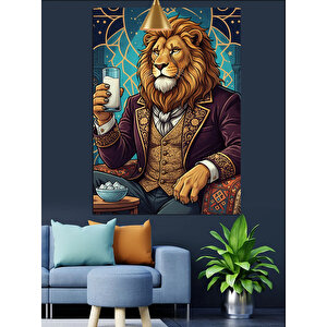 Takım Elbiseli Rakı İçen Aslan Dekoratif Kanvas - Mdf Ahşap Tablo