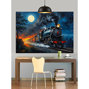 Ay Işığında Buharlı Tren Dekoratif Kanvas - Mdf Ahşap Tablo 50x70 cm