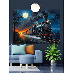 Ay Işığında Buharlı Tren Dekoratif Kanvas - Mdf Ahşap Tablo 50x70 cm