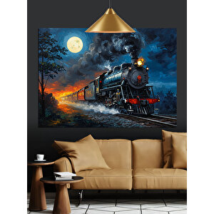 Ay Işığında Buharlı Tren Dekoratif Kanvas - Mdf Ahşap Tablo 50x70 cm