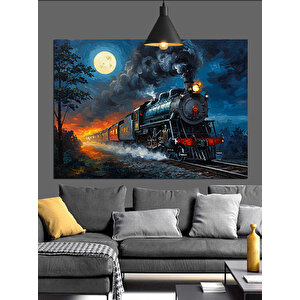 Ay Işığında Buharlı Tren Dekoratif Kanvas - Mdf Ahşap Tablo