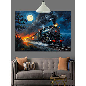 Ay Işığında Buharlı Tren Dekoratif Kanvas - Mdf Ahşap Tablo