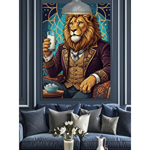 Takım Elbiseli Rakı İçen Aslan Dekoratif Kanvas - Mdf Ahşap Tablo 35x50 cm
