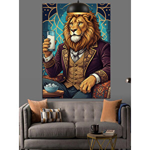 Takım Elbiseli Rakı İçen Aslan Dekoratif Kanvas - Mdf Ahşap Tablo 70x100 cm