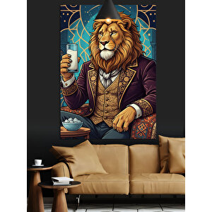 Takım Elbiseli Rakı İçen Aslan Dekoratif Kanvas - Mdf Ahşap Tablo