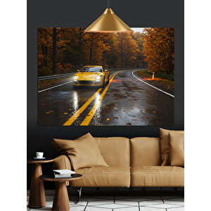 Sonbahar Yolu Ve Sarı Araba Dekoratif Kanvas - Mdf Ahşap Tablo 70x100 cm