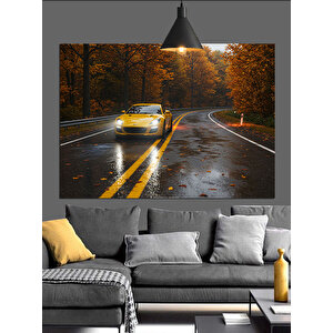 Sonbahar Yolu Ve Sarı Araba Dekoratif Kanvas - Mdf Ahşap Tablo 70x100 cm