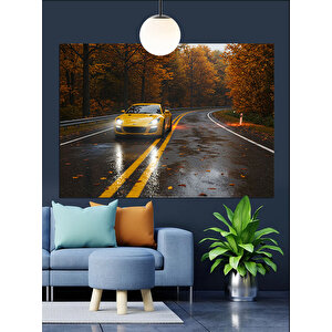 Sonbahar Yolu Ve Sarı Araba Dekoratif Kanvas - Mdf Ahşap Tablo