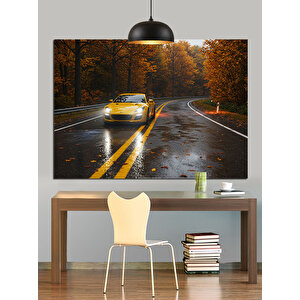 Sonbahar Yolu Ve Sarı Araba Dekoratif Kanvas - Mdf Ahşap Tablo