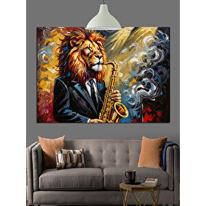 Saksafon Çalan Aslan Figürü Dekoratif Kanvas - Mdf Ahşap Tablo 50x70 cm