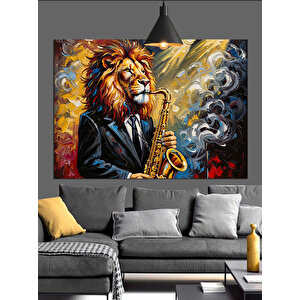 Saksafon Çalan Aslan Figürü Dekoratif Kanvas - Mdf Ahşap Tablo 35x50 cm