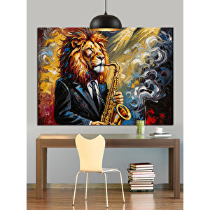 Saksafon Çalan Aslan Figürü Dekoratif Kanvas - Mdf Ahşap Tablo