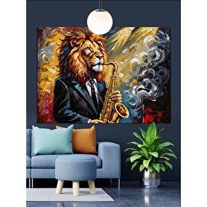 Saksafon Çalan Aslan Figürü Dekoratif Kanvas - Mdf Ahşap Tablo