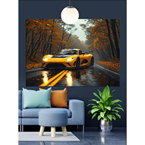 Sonbahar Yolu Ve Sarı Araba Dekoratif Kanvas - Mdf Ahşap Tablo 70x100 cm