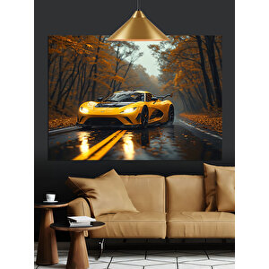 Sonbahar Yolu Ve Sarı Araba Dekoratif Kanvas - Mdf Ahşap Tablo 70x100 cm