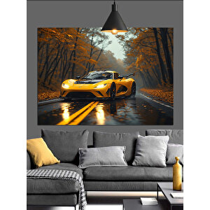 Sonbahar Yolu Ve Sarı Araba Dekoratif Kanvas - Mdf Ahşap Tablo 70x100 cm