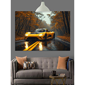 Sonbahar Yolu Ve Sarı Araba Dekoratif Kanvas - Mdf Ahşap Tablo