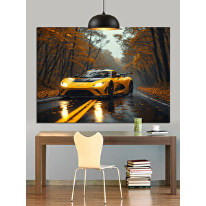 Sonbahar Yolu Ve Sarı Araba Dekoratif Kanvas - Mdf Ahşap Tablo
