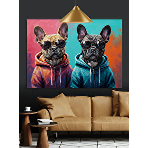 Kapüşonlu Giyimli İki Köpek Dekoratif Kanvas - Mdf Ahşap Tablo 70x100 cm